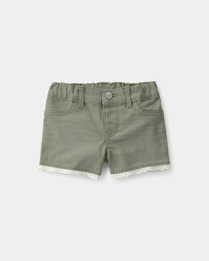 Baby Girl Eyelet Trim Twill Shorts - Olive, image 1 of 4 slides
