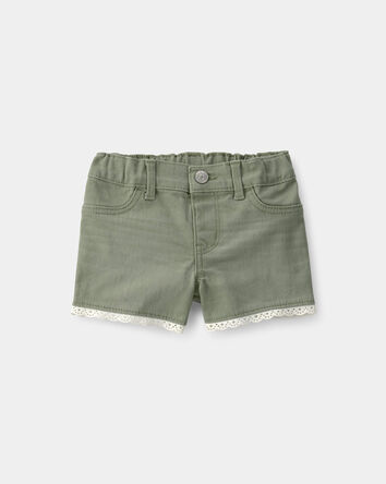 Baby Girl Eyelet Trim Twill Shorts - Olive, 
