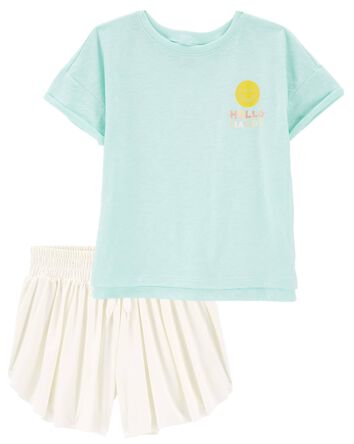 Kid 2-Piece Hello Happy Sun Graphic Tee & Pull-On Flip Shorts Set, 