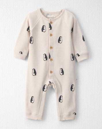 B&eacute;b&eacute; - Combinaison en tricot gaufr&eacute; de coton biologique &agrave; imprim&eacute; de pingouins, 