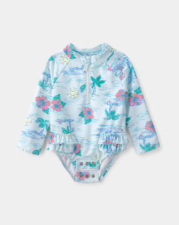 Baby Girl Beach Long-Sleeve 1-Piece Swimsuit - Blue, 