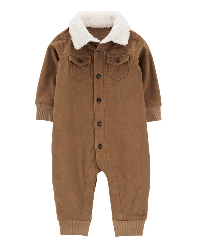 Baby Button-Front Corduroy Jumpsuit with Sherpa Collar, image 1 of 3 slides