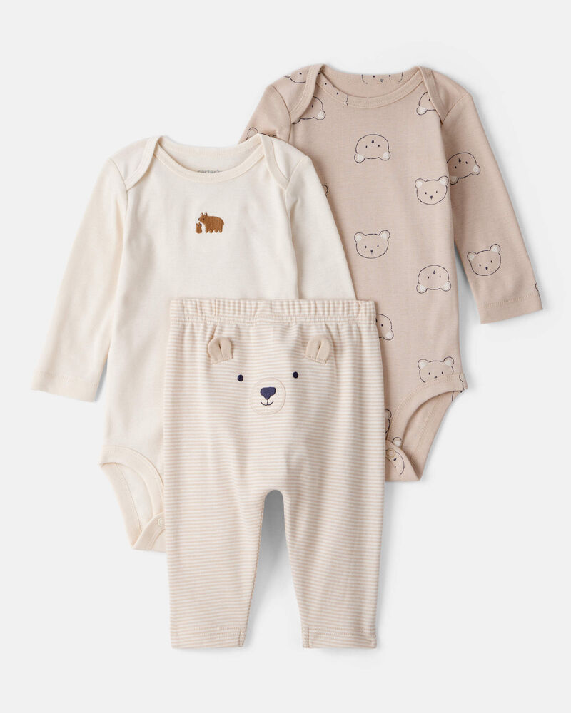 Baby Boy 3-Piece Bear Print Long-Sleeve Bodysuit & Pant Set - Brown/White, image 1 of 5 slides