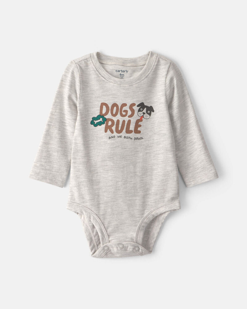 Baby 'Dogs Rule' Long-Sleeve Graphic Bodysuit - Grey, image 1 of 3 slides