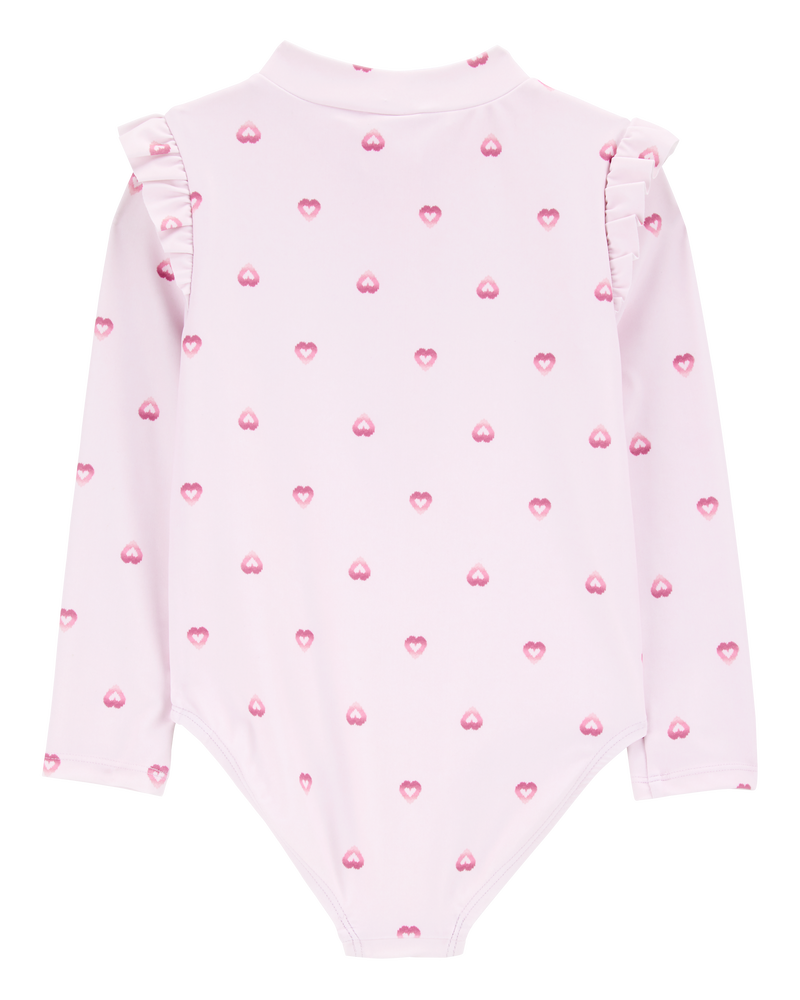 Toddler 1-Piece Heart-Print Long-Sleeve Rashguard Swimsuit - Pink, image 2 of 4 slides