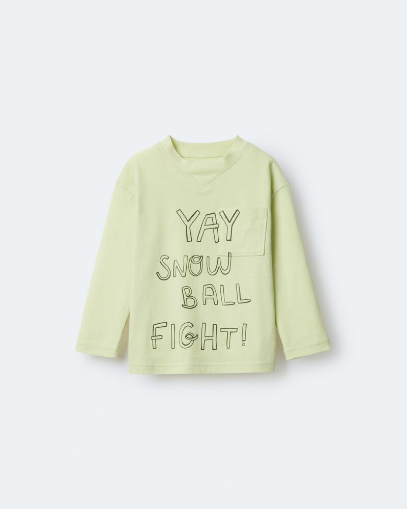 Toddler Snow Ball Fight!' Long-Sleeve Pocket Graphic Tee - Lime, image 2 of 6 slides