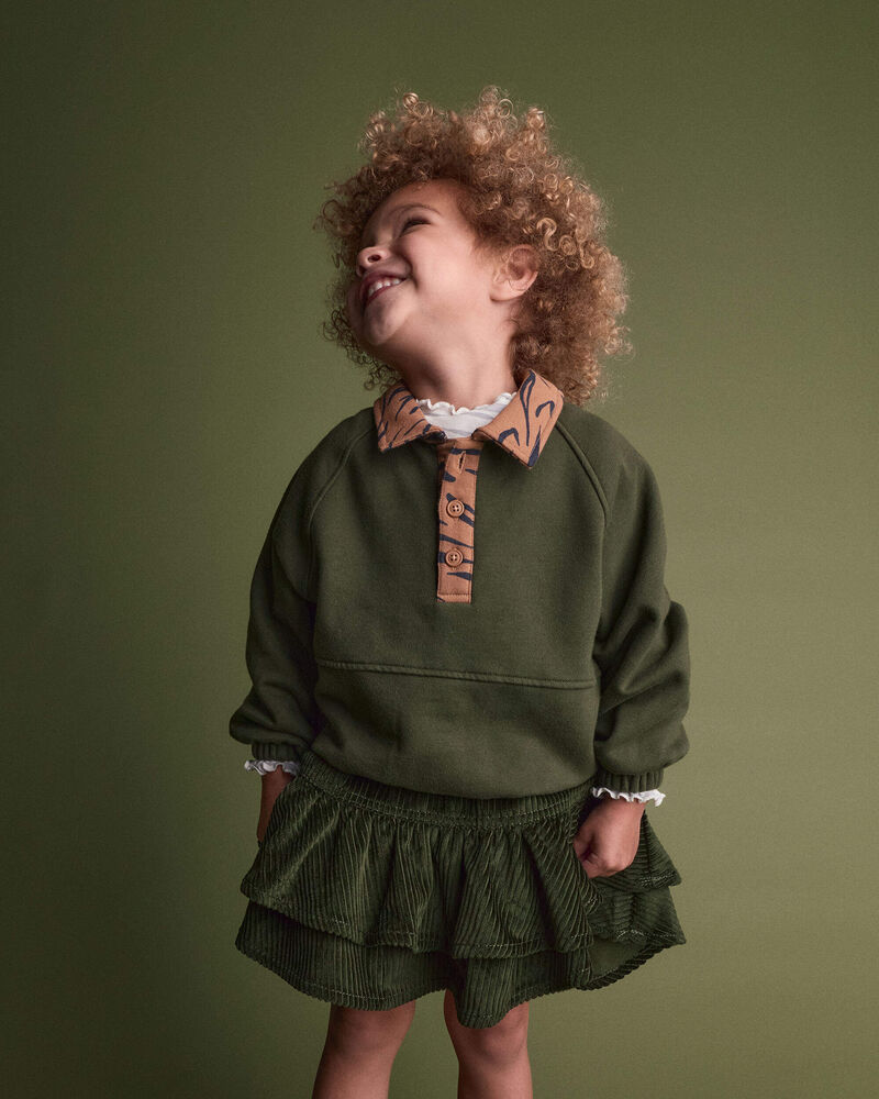 Toddler Girl Pullover sweatshirt with leopard collar - Olive, image 1 of 5 slides