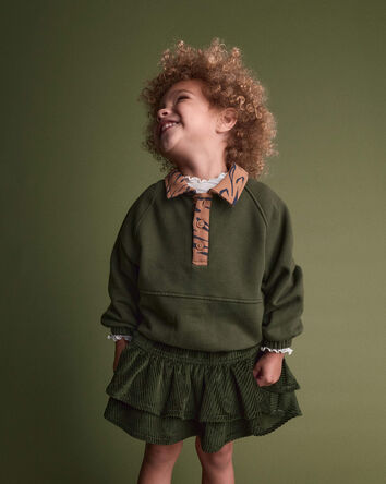 Toddler Girl Pullover sweatshirt with leopard collar - Olive, 