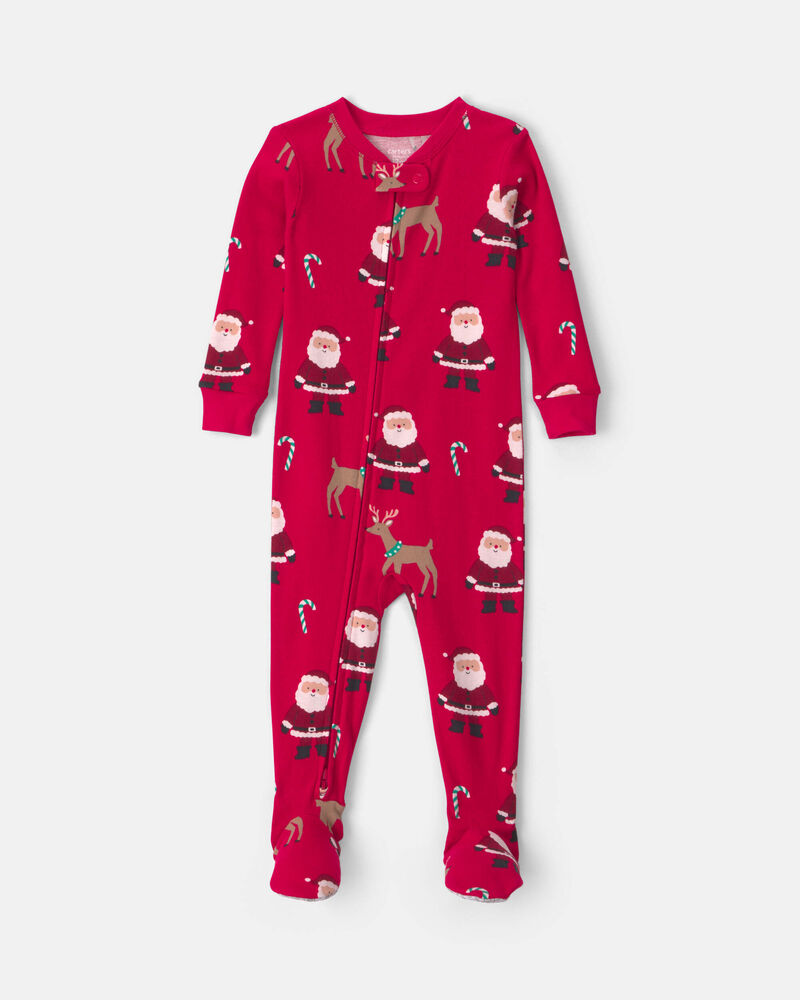 Toddler 1-Piece Beige Santa Christmas 100% Cotton Snug Fit Footed Pyjama - Red, image 1 of 4 slides