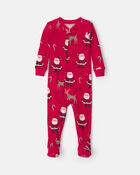 Toddler 1-Piece Beige Santa Christmas 100% Cotton Snug Fit Footed Pyjama - Red, image 1 of 4 slides