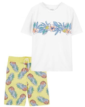 Kid 2-Piece Short-Sleeve Rashguard & Pineapple Swim Trunks Set, 