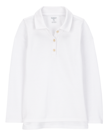 Girls Piqu&eacute; Long-Sleeve Uniform Polo Shirt - White, 