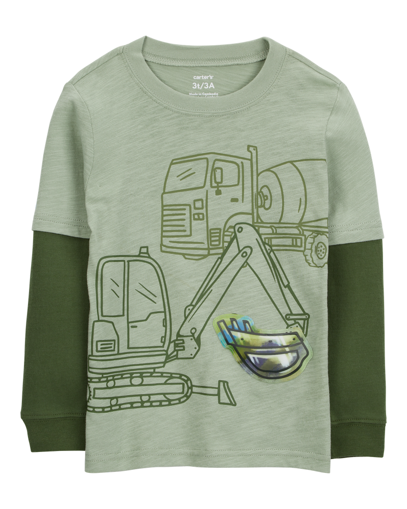 Toddler Construction Cotton Blend Long-Sleeve Tee - Green, image 1 of 5 slides