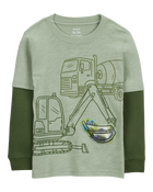 Toddler Construction Cotton Blend Long-Sleeve Tee - Green, image 1 of 5 slides