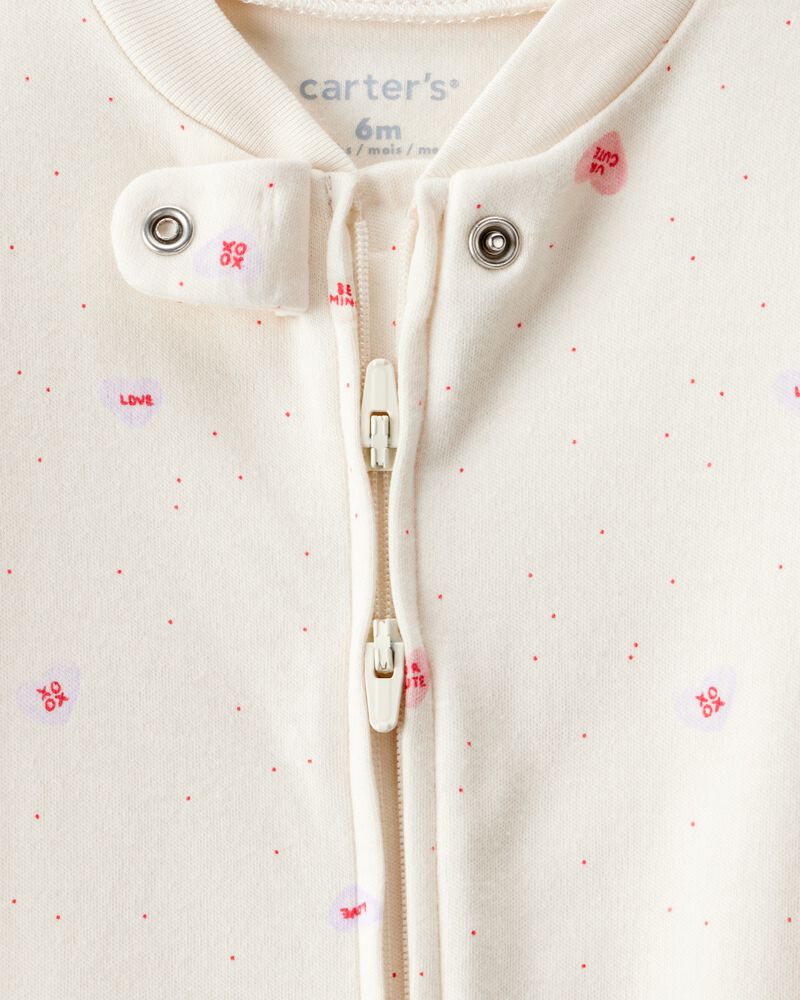 Baby Girl Valentine's Day Candy Heart 100% Cotton Snug Fit 2-Way Zip Sleeper - White, image 2 of 4 slides