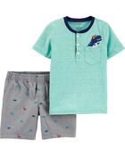 2-Piece Dinosaur Snow Yarn Henley & Canvas Short Set, image 1 of 2 slides