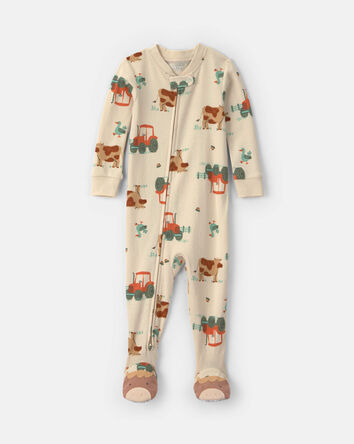 Baby Boy 1-Piece Farm 2-Way Zip 100% Cotton Snug Fit Footed Pyjama - Cream, 