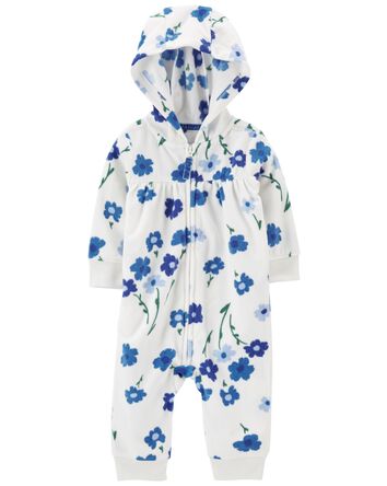 Floral Print Hooded Zip-Up Fleece Jumpsuit, 