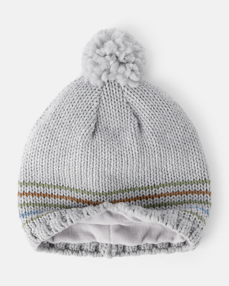 Toddler Boy Striped Pom Winter Hat - grey, image 2 of 3 slides