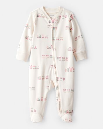 Baby Girl Train Print 100% Cotton Long-Sleeve Snug Fit Sleeper- White, 
