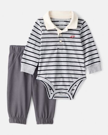 Baby Boy 2-Piece Striped Bodysuit & Pant Set - Grey, 