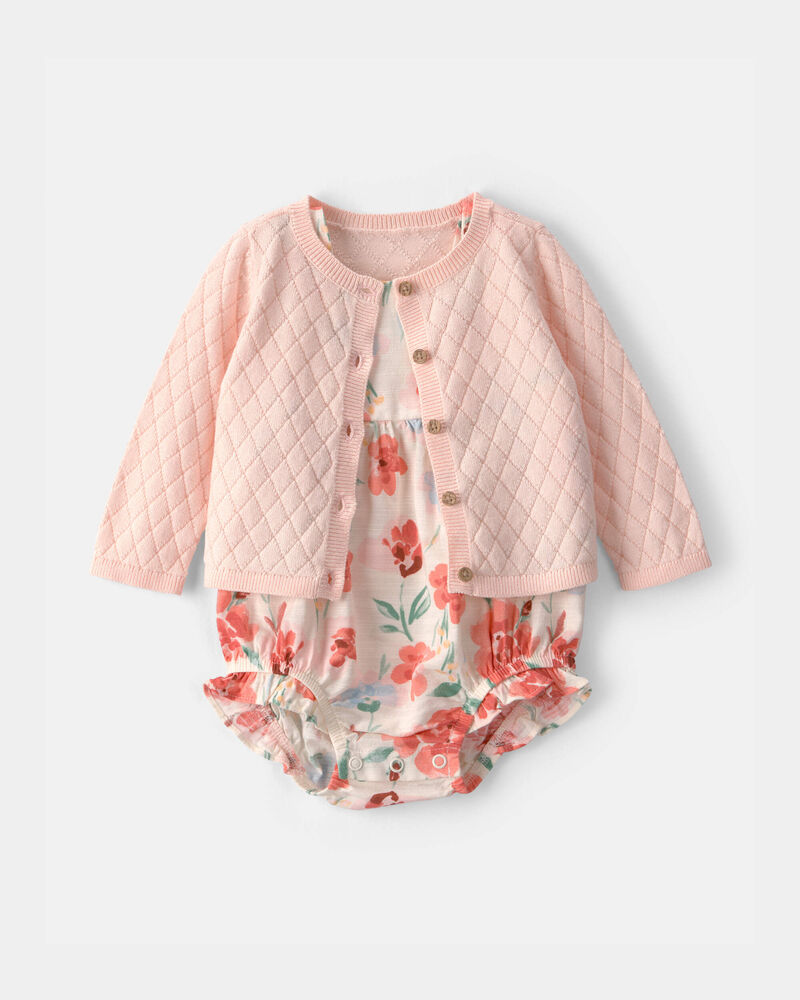 Baby Girl 2-Piece Floral Cardigan & Bubble Set - Pink, image 1 of 5 slides