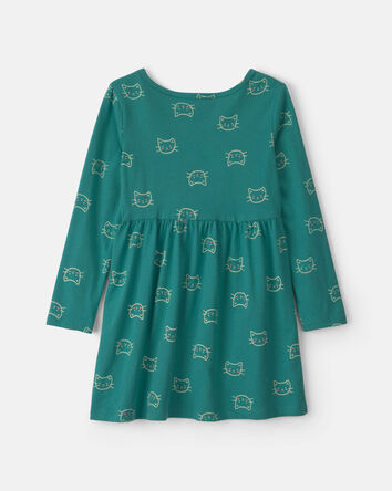 Filles - Robe manches longues &agrave; motif chat &ndash; Vert, 