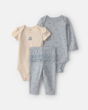 Baby Girl 3-Piece Blueberry Bodysuit & Pant Set - Blue/Ivory, 