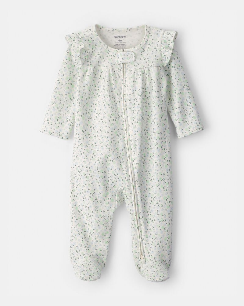Baby Girl Floral 2-Way Zip 100% Cotton Sleeper - Green/Ivory, image 1 of 4 slides