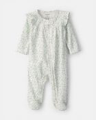 Baby Girl Floral 2-Way Zip 100% Cotton Sleeper - Green/Ivory, image 1 of 4 slides