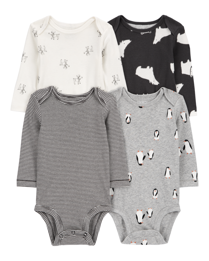 Baby 4-Pack Long-Sleeve Winter Animals Bodysuits, image 1 of 7 slides