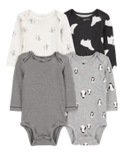 Baby 4-Pack Long-Sleeve Winter Animals Bodysuits, image 1 of 7 slides