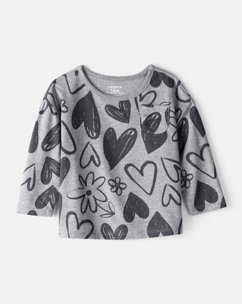 Baby Girl Heart Print Long-Sleeve Top - Grey, 