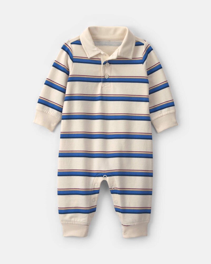 Baby Boy Striped French Terry Long-Sleeve Jumpsuit - Blue/Cream, image 1 of 6 slides