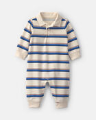 Baby Boy Striped French Terry Long-Sleeve Jumpsuit - Blue/Cream, image 1 of 6 slides