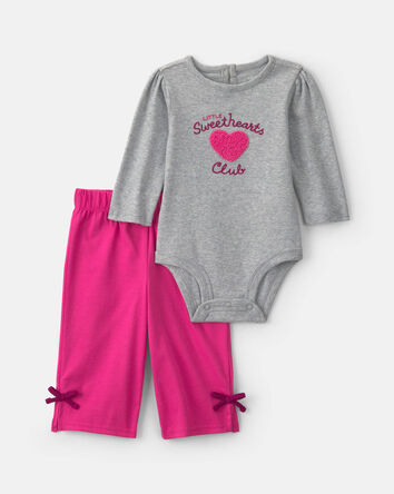 Baby Girl 2-Piece 'Little Sweethearts Club' Long-Sleeve Bodysuit & Pant Set - Pink/Grey, 