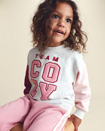 Toddler Girl 'Team Cozy' French Terry Pullover Sweatshirt - Pink/Cream, 