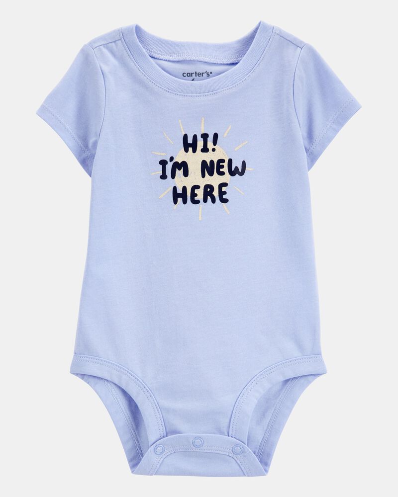 Baby "I'm New Here" Short-Sleeve Bodysuit - Blue, image 1 of 3 slides