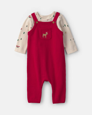 Baby Boy 2-Piece Reindeer Long-Sleeve Sweater Overall Set - Red/Cream, 