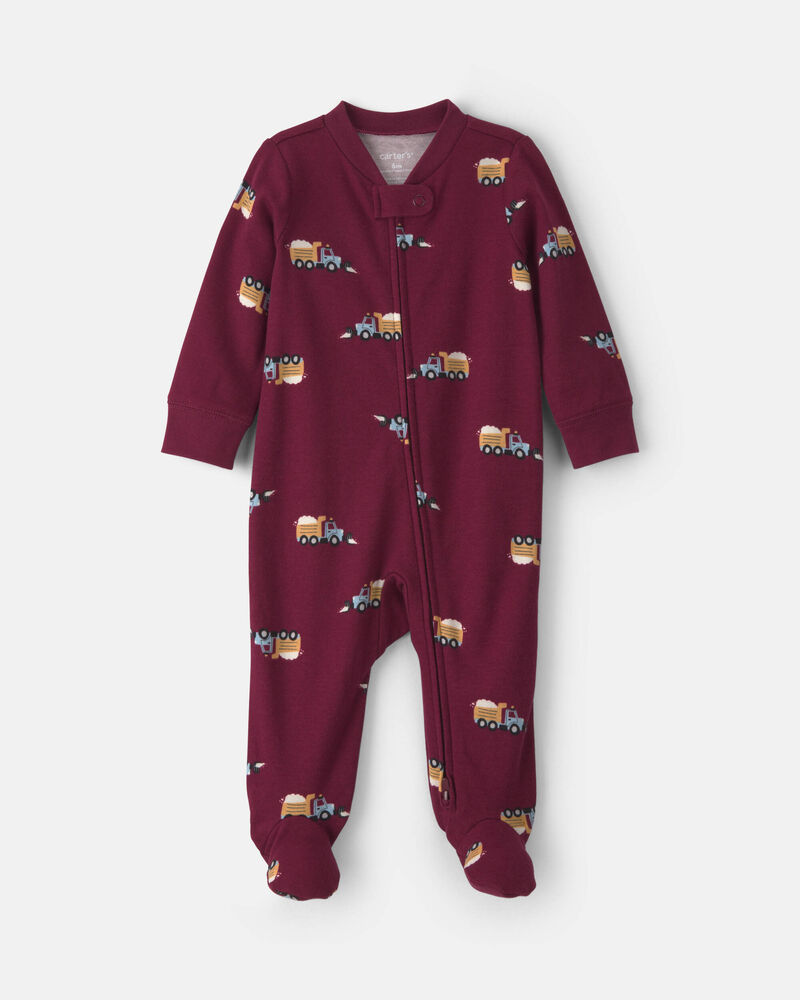 Baby Boy Construction Truck 100% Cotton 2-Way Zip Sleeper - Burgundy, image 1 of 6 slides