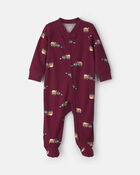 Baby Boy Construction Truck 100% Cotton 2-Way Zip Sleeper - Burgundy, image 1 of 6 slides
