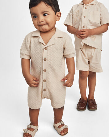 Baby Boy Button-Down Short-Sleeve Romper - Ivory, 