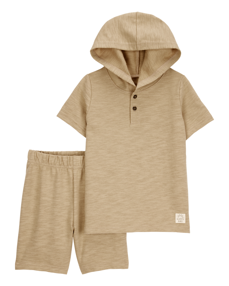 Toddler 2-Piece Hooded Henley & Short Set - Tan, image 1 of 3 slides
