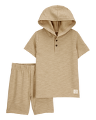 Toddler 2-Piece Hooded Henley & Short Set - Tan, image 1 of 3 slides