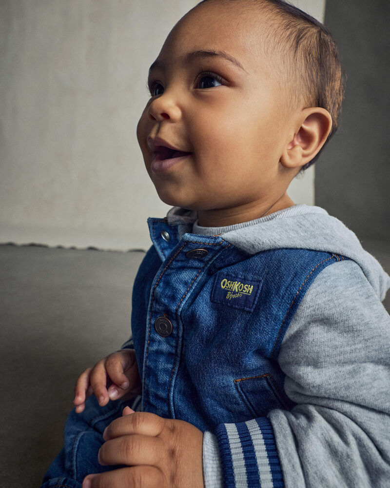 Baby Boy Varsity Hooded Denim Jacket - Blue/Grey, image 2 of 7 slides