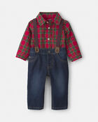 Baby Boy 2-Piece Plaid Denim Long-Sleeve Bodysuit & Suspender Pant Set - Red/Indigo, image 1 of 5 slides