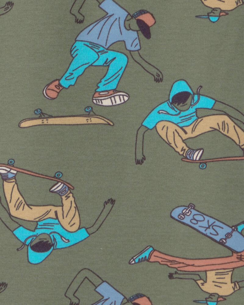 Boys Skateboard Cotton Short-Sleeve Snug Fit 4-Piece pyjama Set - Green/Brown, image 4 of 5 slides