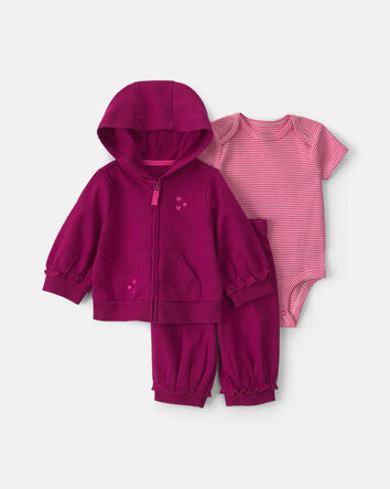 Baby Girl 3-Piece Heart French Terry Layering Set - Burgundy, 