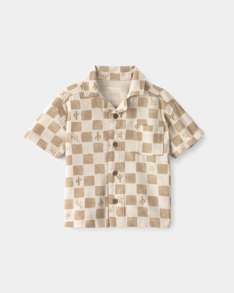 B&eacute;b&eacute; gar&ccedil;on - Chemise boutonn&eacute;e &agrave; manches courtes, motif cactus et carreaux - Beige, image 1 sur 2 diapositives