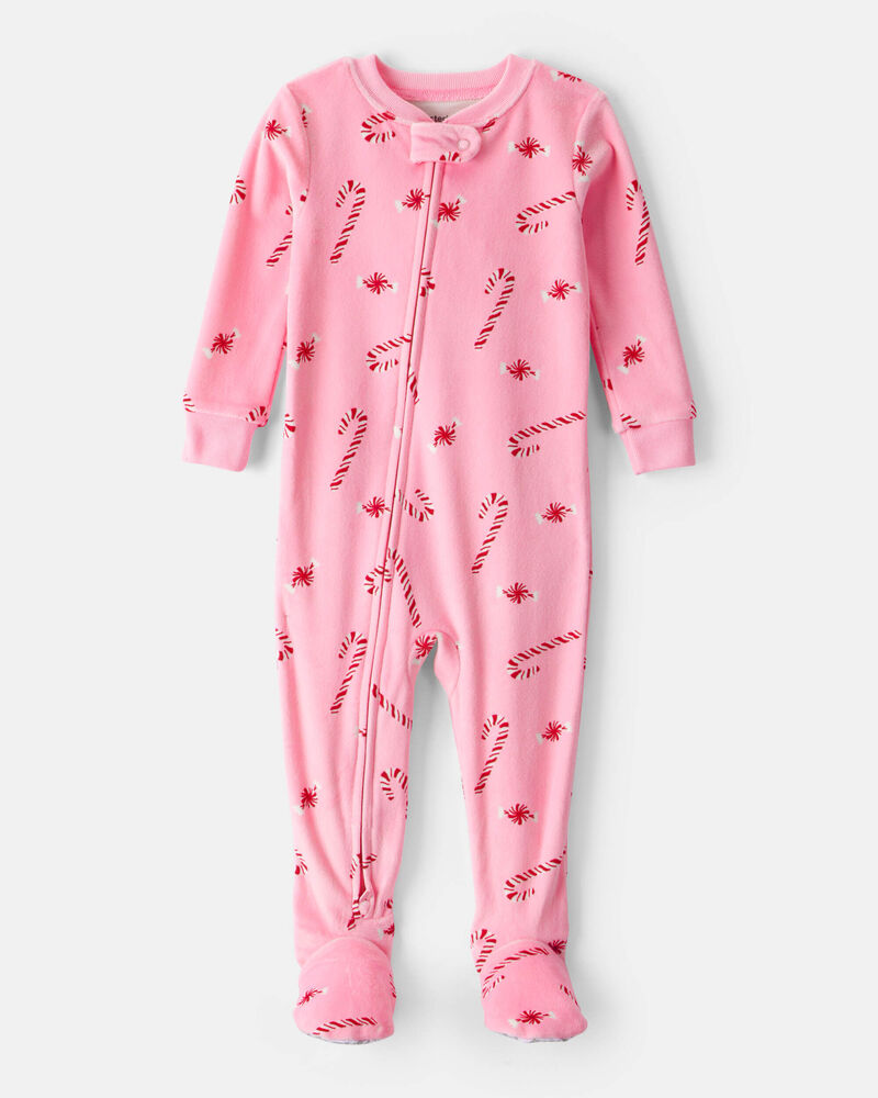 Baby Girl Peppermint Print Velour Long-Sleeve Loose Fit 1-Piece pyjamas - Pink, image 1 of 4 slides